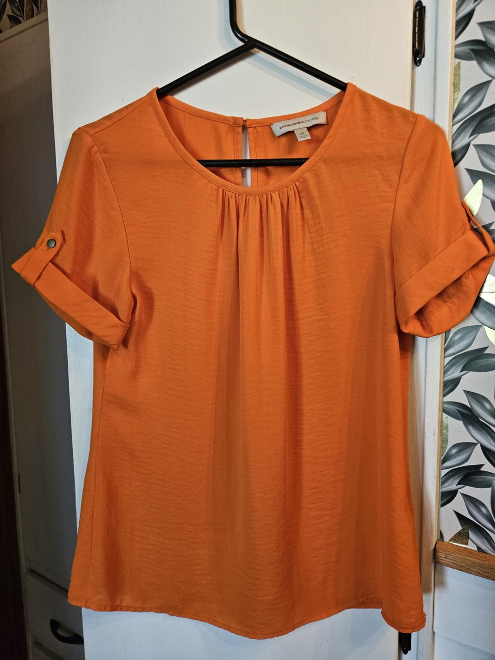 Banana Republic Bright Orange Short-Sleeve Gathered Neck Blouse